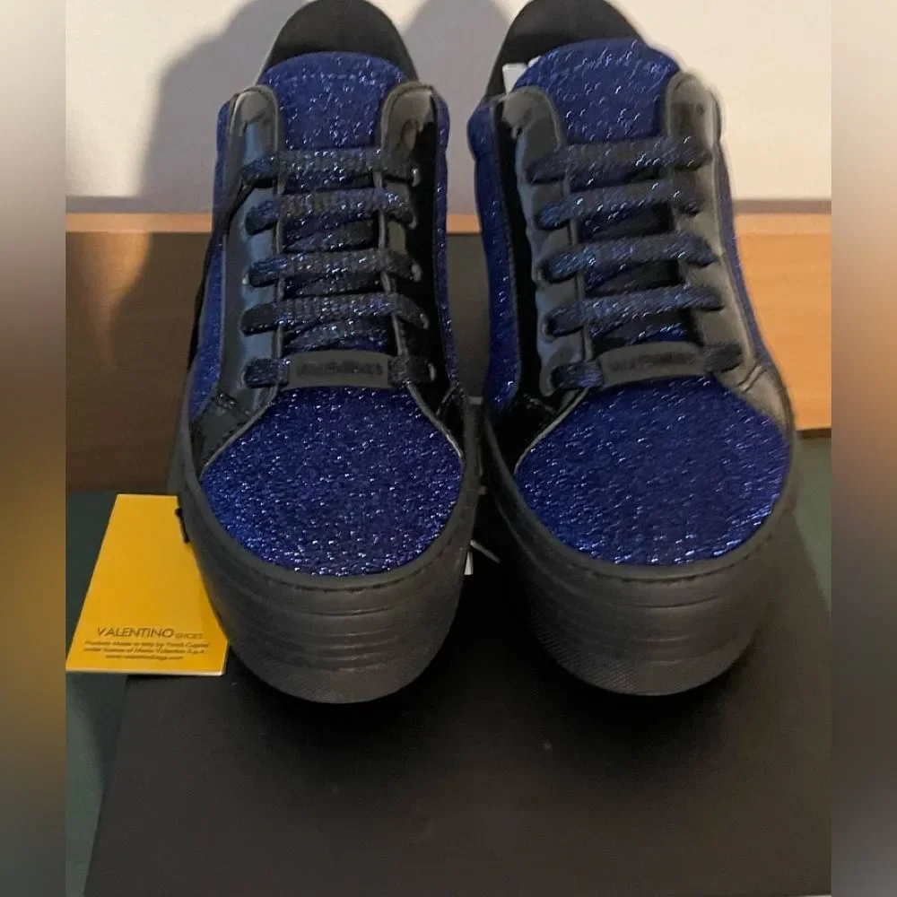 New Mario Valentino SELA Royal Blue Sparkle Black Sneakers Shoes 37 EU 7 USA - Picture 3 of 14